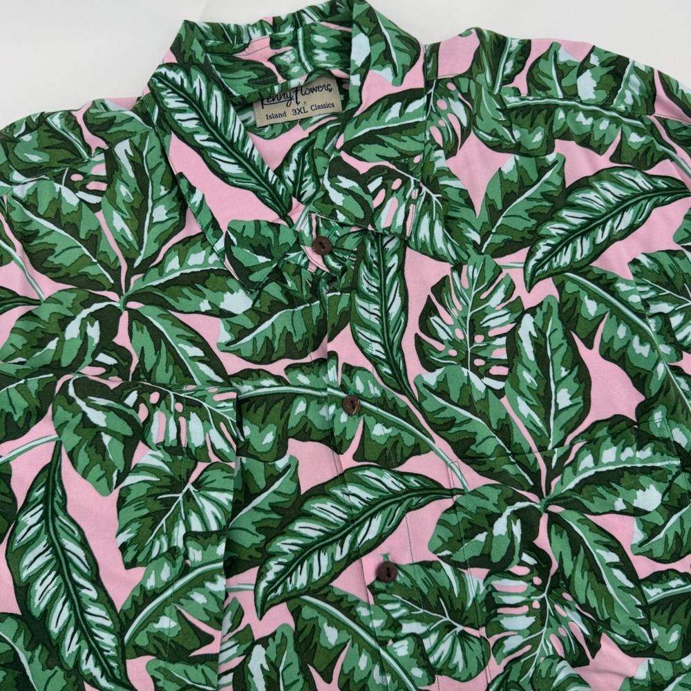 Kenny Flowers Mens 3XL Pink Green Tropical Palm Leaf Rayon Hawaiian Shirt Bali